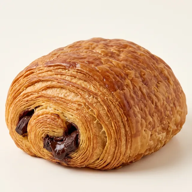 Chocolate croissant with flaky layers and dark chocolate melting from the end