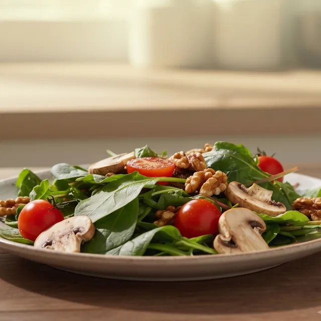 Earth bowl salad with greens, tomatoes, mushrooms and walnuts