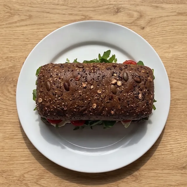 Halloumi pesto sandwich on a seeded roll with rocket and cherry tomatoes