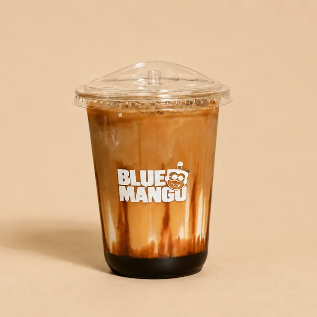 Iced Spanish latte in a Blue Mango cup