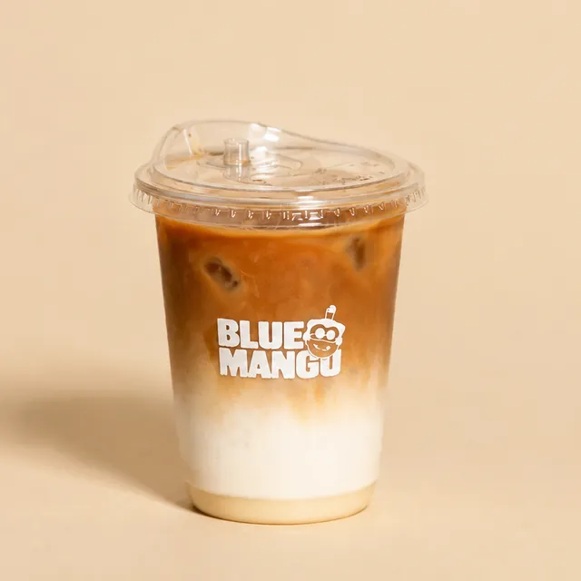 Iced latte in a Blue Mango cup
