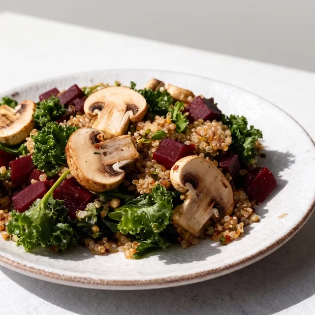 Quinoa salad with kale, beetroot and mushrooms