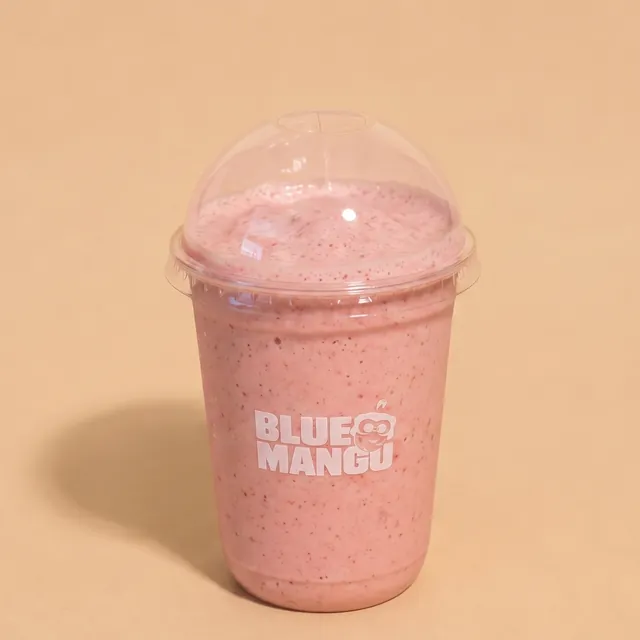 Strawberry protein shake in a Blue Mango cup