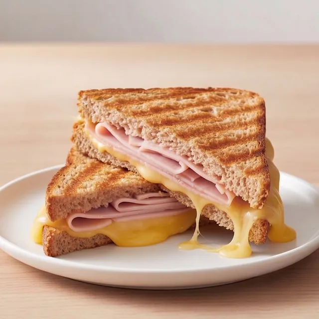 Toasted turkey and cheese sandwich cut in half with cheese melting out